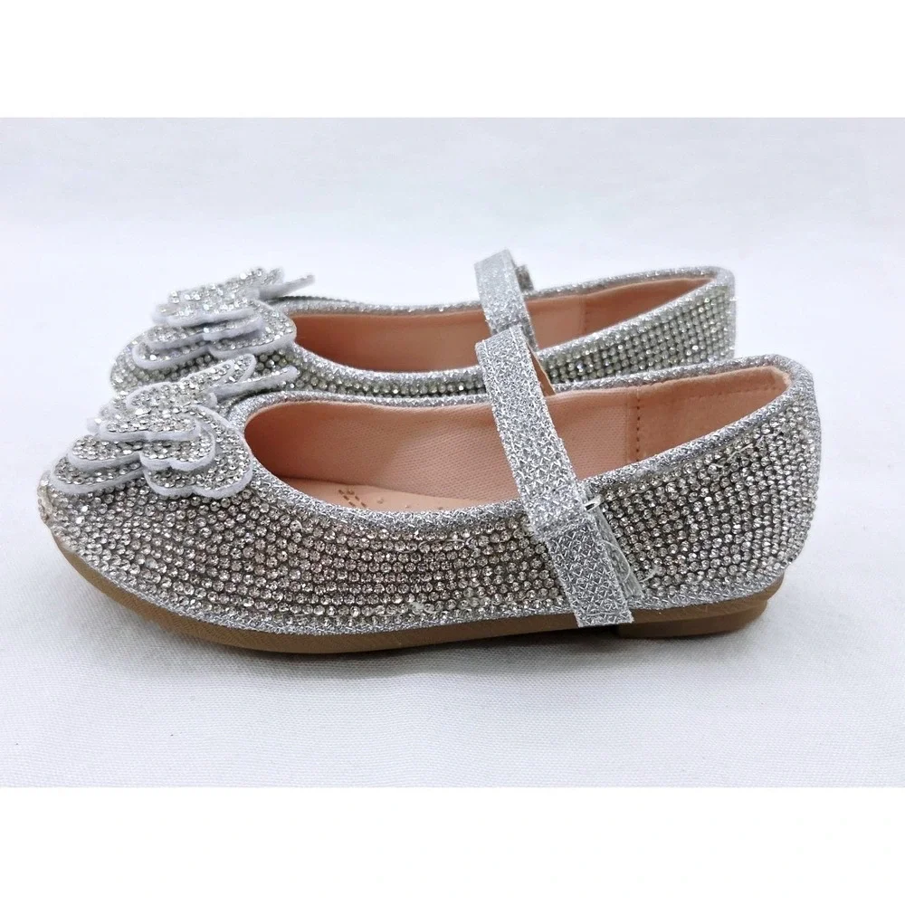 Link Sabina Kids Silver Rhinestone Butterfly Mary Jane Flats - Size 7